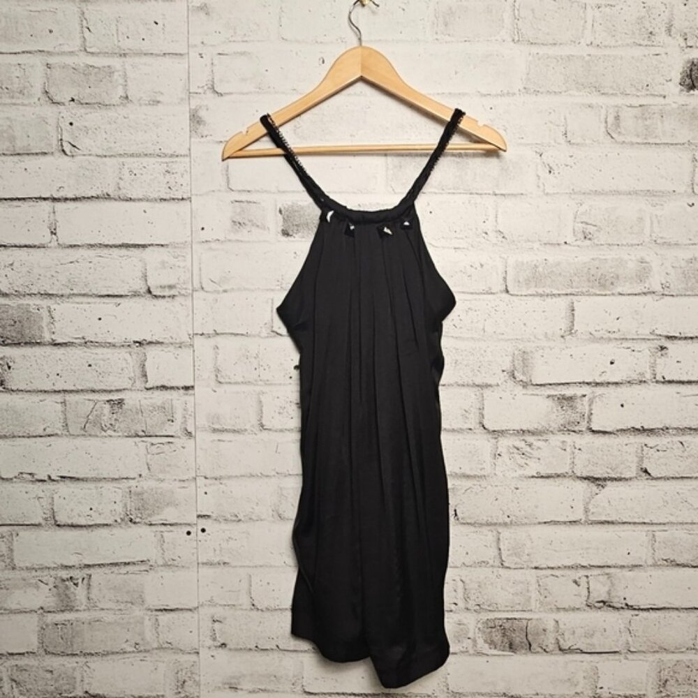 360 Surf Black Satin Mini Dress Beaded Straps Pleated Front Size L